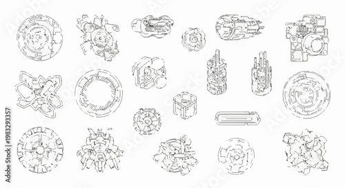 Collection of futuristic mechanical components in a sketch art style