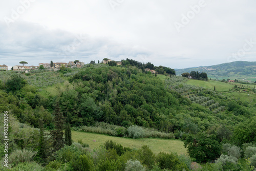 Panoramic view from Peccioli village of the surrounding countryside . Pisa, Tuscany Italy