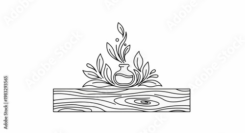 Decorative outline of potion bottle with leaves on wooden plank