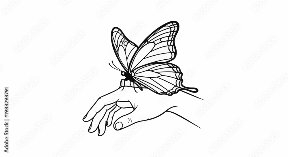 Fototapeta premium Delicate butterfly lands on open hand in a simple line drawing