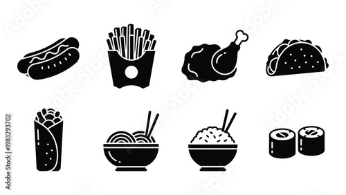 A collection of fast food icons including hotdogs fries chicken tacos sushi and wraps high quality