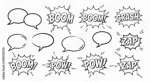 Comic book sound effects and speech bubbles in black and white