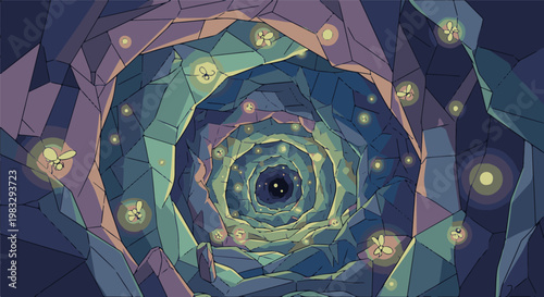 Deep cavern passage with glowing insects and geometric rock formations