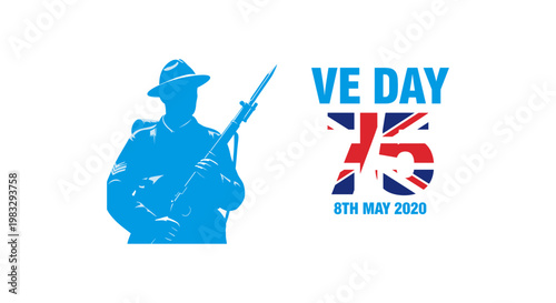 Silhouette of a soldier with rifle, commemorating VE Day 75th anniversary, May 8, 2020, with Union Jack flag