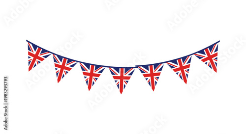 Colorful British Union Jack bunting flags hanging in a festive celebration, symbolizing patriotism and national pride