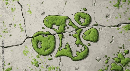 Cracks on stone surface covered with green moss and lichen