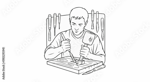Craftsman carefully carves wood with mallet and chisel, tools displayed behind him