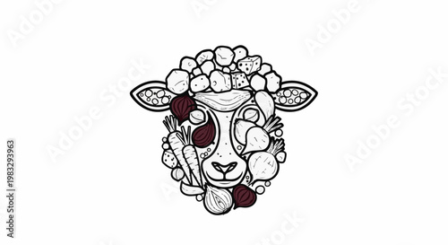 Creative illustration of a sheep face composed entirely of various vegetables and cheese