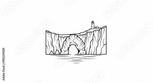 Coastal cliffs with an archway and lighthouse stand above the water