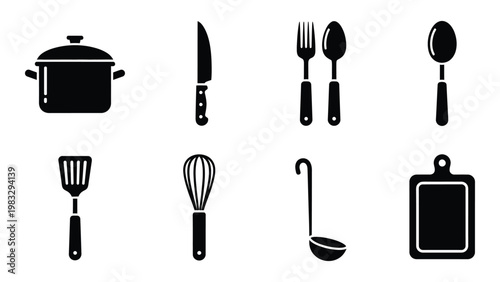 A collection of black silhouette kitchen utensils including pots pans and various serving implements high quality