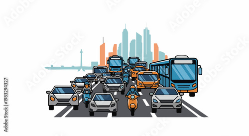 Congested city road filled with cars, buses, and motorcycles under a skyline