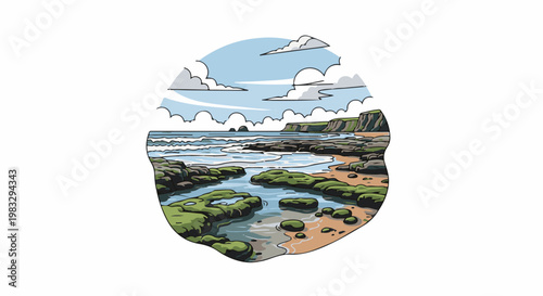 Coastal rocky shoreline with tide pools under a cloudy sky