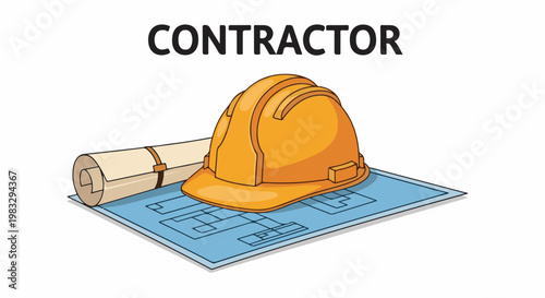 Construction blueprint with safety helmet and rolled plans