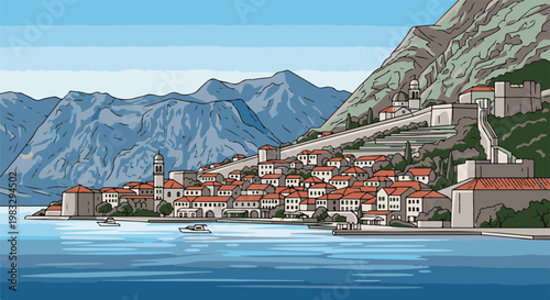 Coastal town nestled at the base of rugged, vegetated mountains