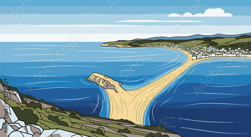 Coastal town nestled in a bay with a distinctive sand spit