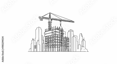 Construction of a skyscraper with crane and city skyline