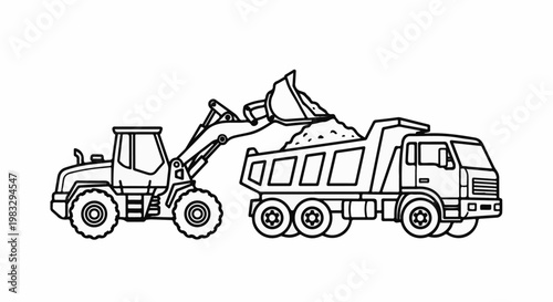 Construction scene with a loader filling a dump truck with dirt