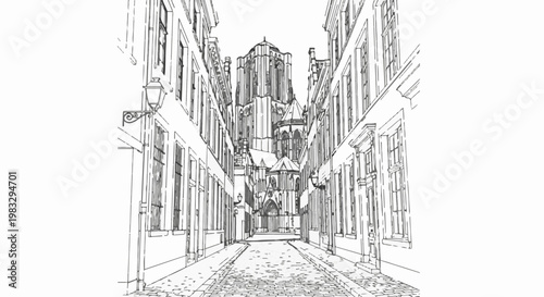 Cobblestone alley lined with buildings leads to a grand Gothic cathedral