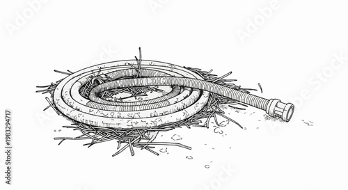 Coiled pipe resting on a pile of twigs and debris, resembling a nest