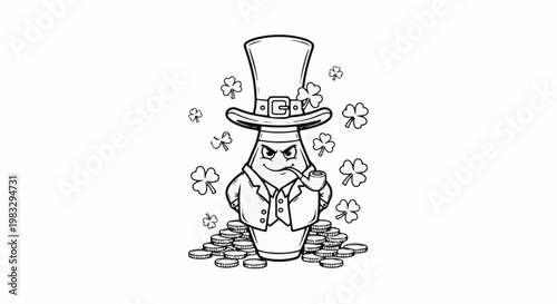 Cartoon leprechaun character wearing a top hat, suit, and smoking a pipe