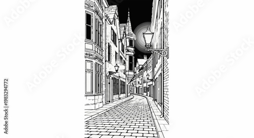 Cobblestone street lined with old buildings under a full moon and streetlights