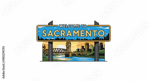 City welcome sign featuring a river, bridge, and skyline at sunset