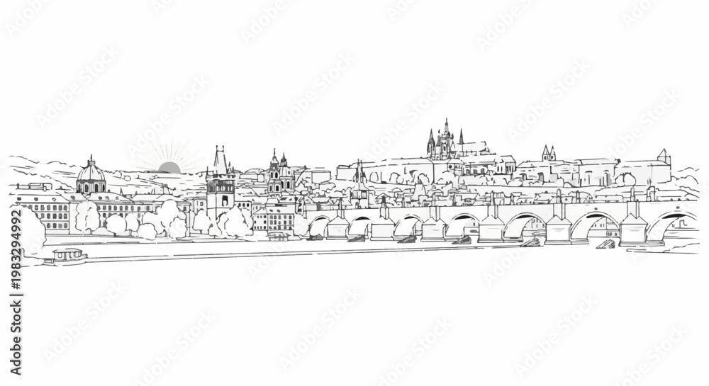 Fototapeta premium Cityscape with a river, bridges, and prominent castle-like buildings at sunrise