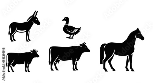 Farm Animal Silhouettes Set: Donkey, Duck, Cow, and Horse Icons on White