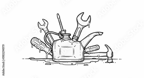 Collection of tools and a jerrycan with liquid dripping in a sketch style
