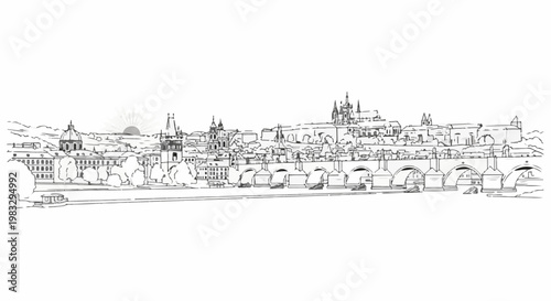 Cityscape with a river, bridges, and prominent castle-like buildings at sunrise