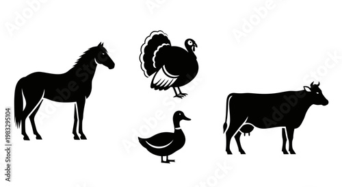 Farm Animals Silhouettes: Horse, Cow, Turkey, and Duck Icons