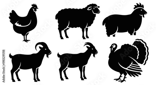 Farm Animals Silhouettes Set: Chicken, Sheep, Goats, and Turkey Livestock Collection