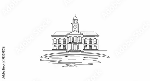 Classic building with a clock tower stands before reflective water