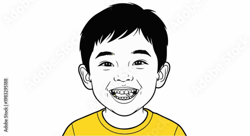 Cartoon portrait of a smiling boy with black hair and missing teeth