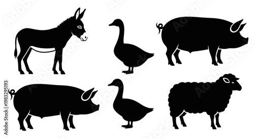 Farm Animals Silhouettes Set: Donkey, Pig, Goose, and Sheep Vector Icons