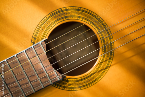 Guitar Background With Strings. Acoustic Music Instrument. Flat Lay Top View