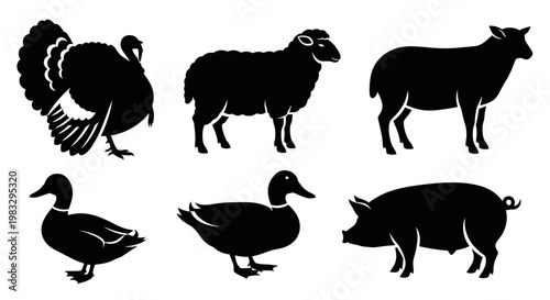 Farm Animals Silhouettes Set: Turkey, Sheep, Duck, and Pig Icons