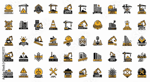 Construction icons featuring cranes, excavators, helmets, and traffic cones