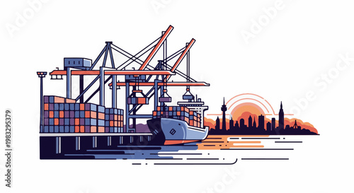 Cargo ship loading at a port with city skyline and sunrise in background