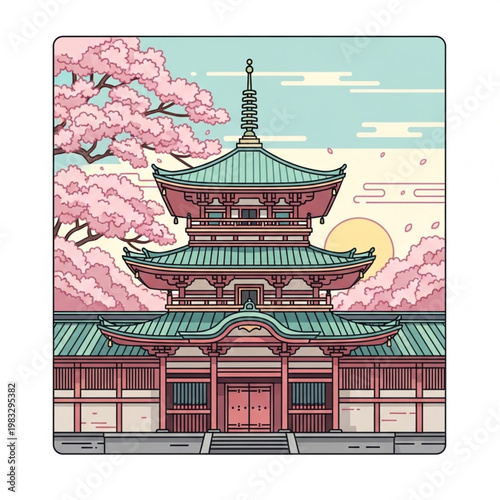 Traditional Japanese Temple with Cherry Blossoms.