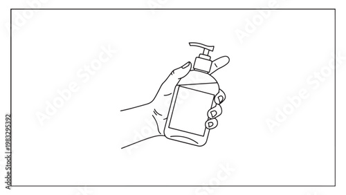 Human hand holding a pump bottle of liquid soap or hand sanitizer, illustrating personal hygiene and germ prevention in a clean line art style.