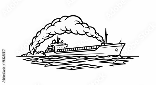 Cargo ship navigating through ice floes, emitting thick smoke