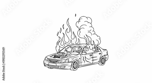 Cartoon sedan engulfed in flames with smoke billowing from engine