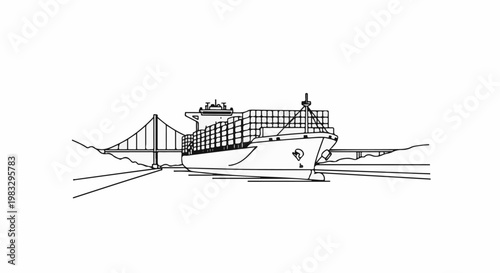 Cargo ship sails under a suspension bridge, crossing calm waters