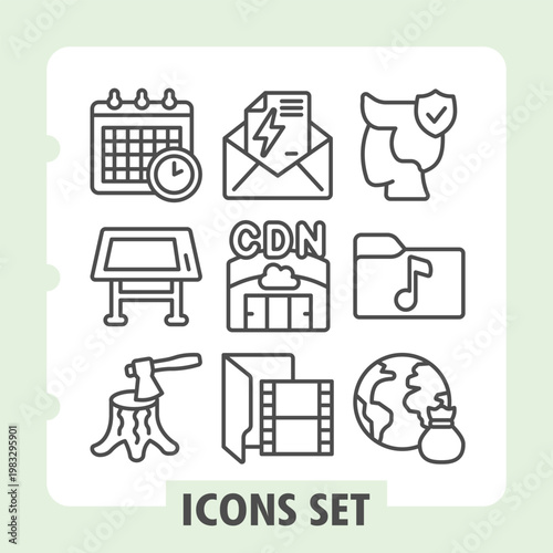 Set of nine modern vector icons for digital interfaces including analytics, security, hosting, music, global connectivity, streaming and CDN services on clean white background.
