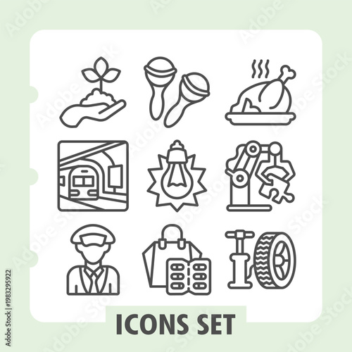 Set of nine clean vector icons depicting home, tools, light bulb, factory, shopping, car, hat and gear concepts for web and mobile interfaces.