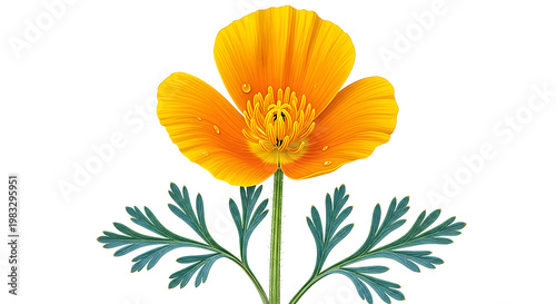 Bright orange California poppy flower with green leaves isolated on transparent background