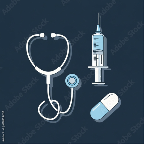 Stethoscope Syringe and Pill Medical Icons.