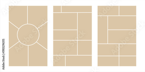 Image collage layout template. Beige mosaic mood board grid collection. Picture frame set. Photo album idea for banner, poster, comic page, flyer, brochure, booklet, memory wall design. Vector pack