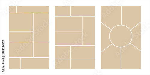Image collage layout template. Beige mosaic mood board grid collection. Picture frame set. Photo album idea for banner, poster, comic page, flyer, brochure, booklet, memory wall design. Vector pack